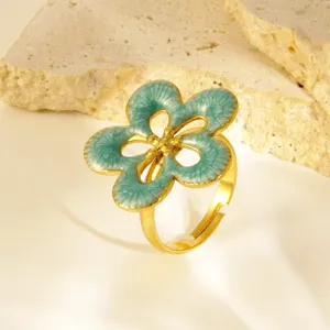 Bague fleur en émail bleu exquis avec anneau doré réglable pour un style élégant