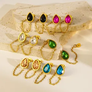 Gold-plated teardrop gemstone stud earrings with delicate chain link design for women.