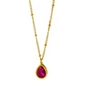 Elegant 18K gold plated teardrop pink gemstone pendant necklace with delicate beaded chain.
