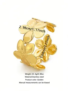 Golden stainless steel plumeria flower open cuff bracelet for women fashion jewelry.