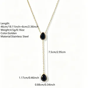 Stainless steel teardrop pendant necklace detail showing size and length specifications clearly.