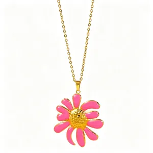 Collana con Pendente a Fiore in Smalto Rosa Acciaio Inossidabile Placcato Oro 18K Donna