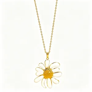 Collana con ciondolo a fiore di margherita goccia d'olio bianca in acciaio inox vista principale