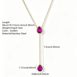 Stainless steel teardrop pendant necklace detail view showing golden chain and pink gemstone size.