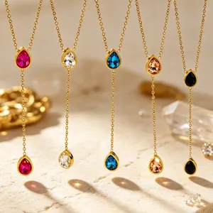 Niche Luxury Stainless Steel Waterdrop Pendant Necklace Vacuum Electroplated Gold Plated Rhinestone Y-Shape Clavicle Chain For Women Jewelry Gift