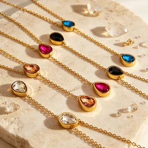 Stainless steel 18K gold plated teardrop gemstone pendant necklace minimalist luxury jewelry