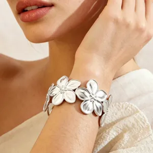 Stainless steel flower open bangle bracelet for women fashion floral cuff jewelry main view