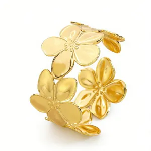 Gold floral open cuff bracelet for women, stainless steel flower bangle jewelry gifts.
