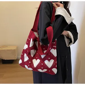 Knitted red white heart pattern shoulder tote bag, large capacity stylish casual commuter bag.