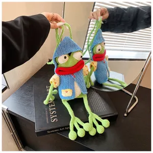 Joli sac bandoulière téléphone grenouille en crochet, sac tricoté main mignon avec grande bouche.