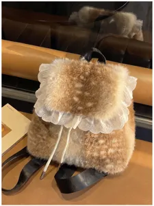 Zaino carino in peluche con motivo a cervo e bordo in pizzo bianco donna autunno inverno
