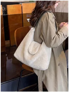 Women fluffy shoulder tote bag winter large capacity faux fur handbag casual commuter bag