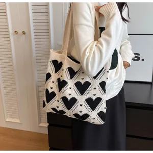 Korean style knit shoulder bag for women, black and white heart pattern large tote bag.