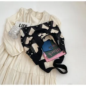 Korean aesthetic black and white knit tote bag, large capacity casual shoulder bag for women.