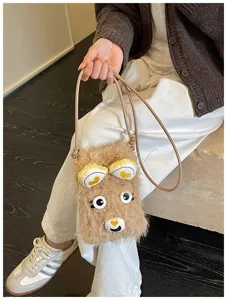 Borsa a tracolla per telefono in peluche con orsetto, soffice borsetta per donne.