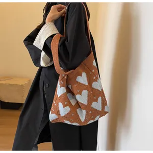 Women knit shoulder bag with blue heart pattern stylish casual commuter tote bag detail