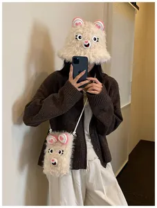 Set cappello di peluche orso carino e borsa a tracolla telefono inverno caldo morbido