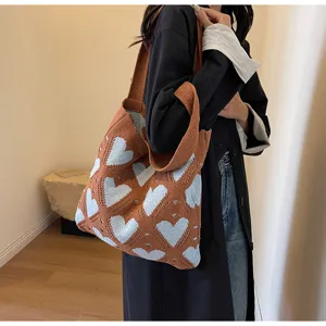Korean vintage knit tote bag with blue heart pattern, stylish large capacity shoulder bag.