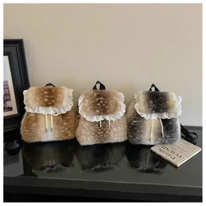 Zaino in peluche morbido da donna, motivo cerbiatto autunno inverno con bordo in pizzo.