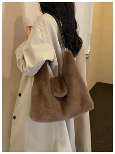 Chic brown plush furry shoulder bag for women, soft autumn winter tote bag for daily commute.