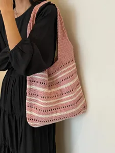 Bolso de hombro de ganchillo a rayas elegante para mujer, bolso grande tejido casual.