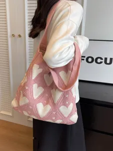Korean Style Women Knit Tote Bag Heart Pattern Large Capacity Shoulder Bag Casual Commuter Woven Fabric Beach Handbag