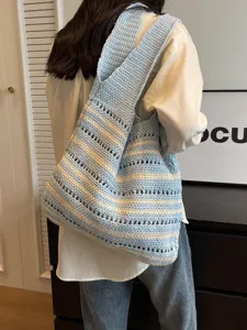 Bolso de hombro de punto para mujer rayas gran capacidad bolso de ganchillo informal