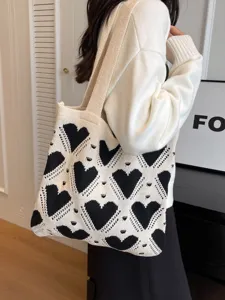 Korean style knit tote bag for women, black and white heart pattern, casual large shoulder bag.