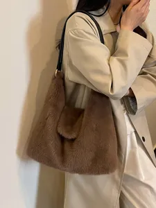 Stylish brown faux fur shoulder bag for women, cozy winter casual tote bag main view.