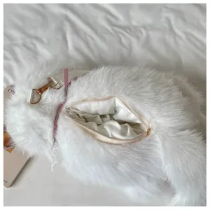 White plush cat bag cute fluffy kitten shoulder bag soft zipper handbag for girls daily gift.