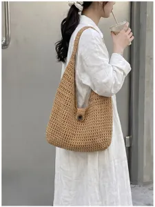 Borsa a tracolla da donna in crochet tessuto estivo, grande borsa da spiaggia casual.