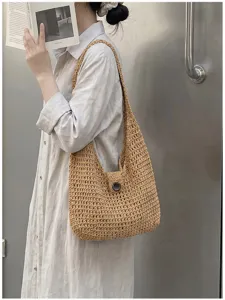 Borsa a tracolla intrecciata cava casual estiva da donna, grande borsa da spiaggia dettaglio.