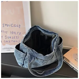 Vintage πλυμένη τζιν τσάντα tote μεγάλη χωρητικότητα ώμου για καθημερινή γυναικεία χρήση.