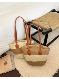 Grand sac cabas tressé en paille sac d'épaule décontracté pour la plage vacances voyage été.