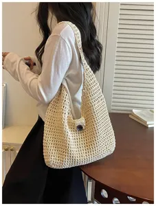 Borsa a spalla intrecciata da donna, elegante borsa mare estiva all'uncinetto, capiente e casual.