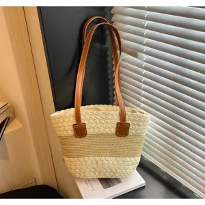 Grand sac à bandoulière en paille tissée pour femme, cabas de plage d'été élégant et sac de voyage.