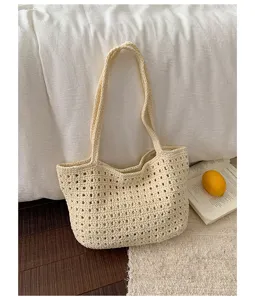 Sac bandoulière en crochet décontracté pour femme, grand cabas de plage ajouré d'été.