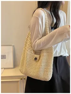Borsa a tracolla intrecciata cava casual da donna, grande borsa da spiaggia estiva.