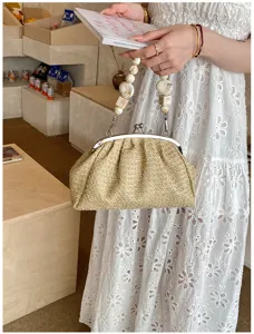 Sac Pochette en Paille Tissée Femme Poignée Perle Sac à Main de Plage Vacances Fermoir Baiser