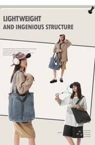 Casual denim tote bag for women, large capacity washed canvas shoulder bag for daily commute.