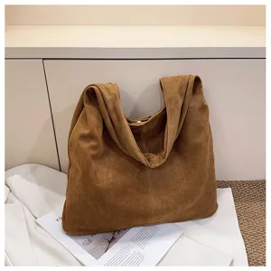 Casual brown suede shoulder bag, minimalist large capacity daily commuter tote for women.
