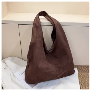 Brown suede slouchy hobo bag detail shot, showing soft texture and large capacity daily tote.