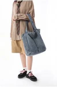 Casual washed denim tote bag for women large capacity student shoulder handbag commuter