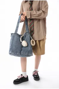Casual lazy style large capacity washed denim tote bag student handbag shoulder bag