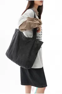 Washed denim tote bag for women, large capacity casual shoulder bag for daily commuting.