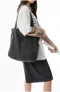 Large capacity black washed denim shoulder bag, casual lazy style commuter student tote bag.