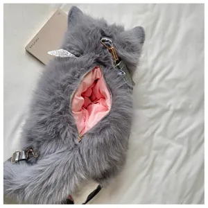 Cute gray plush cat backpack with pink inner lining, novelty animal shoulder bag for girls.
