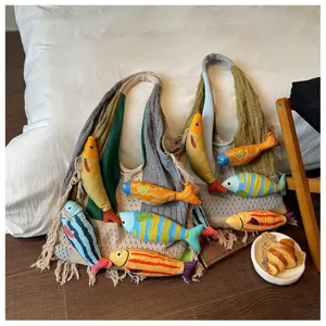 Άνετη πλεκτή τσάντα shopper με πολύχρωμα τροπικά ψάρια, μεγάλη καθημερινή τσάντα ώμου.