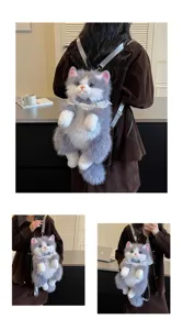 Fluffy plush cat backpack detail view, featuring realistic soft fur and cute lace collar design.