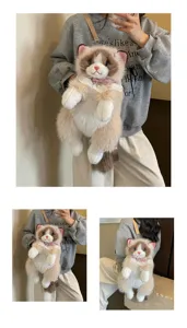 Detailed view of the cute simulation cat plush backpack with realistic fur and sweet lace collar.